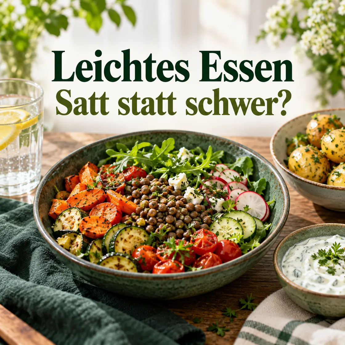 Leichtes Essen zum Abnehmen – Gemüseschüssel mit Linsen und dem Hinweis Satt statt schwer.