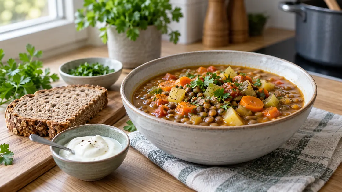 Leichtes Essen zum Abnehmen – warme Linsen-Gemüse-Suppe mit Vollkornbrot und Naturjoghurt.