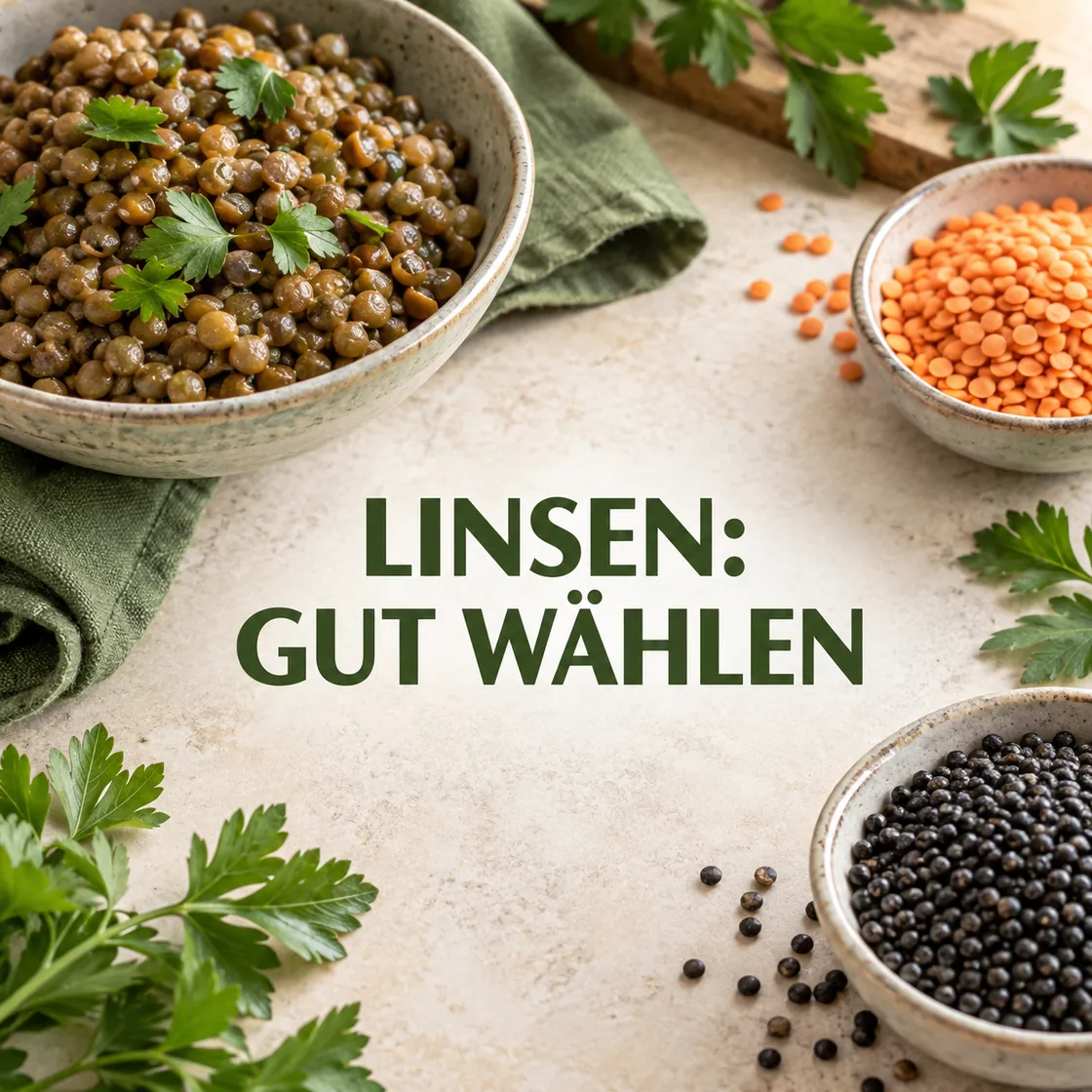 Linsen gesund: gegarte Linsen mit dem mittigen Schriftzug LINSEN: GUT WÄHLEN