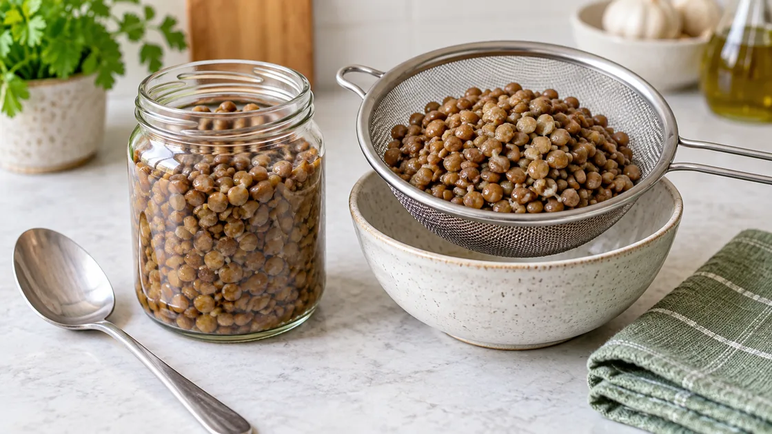 Linsen gesund: gegarte Linsen im Glas und abgetropft in einem Küchensieb