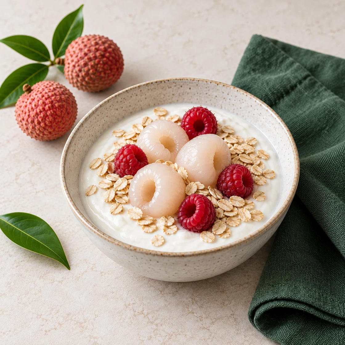 litschi gesund: Naturjoghurt mit Haferflocken, kernfreien Litschistücken und Himbeeren
