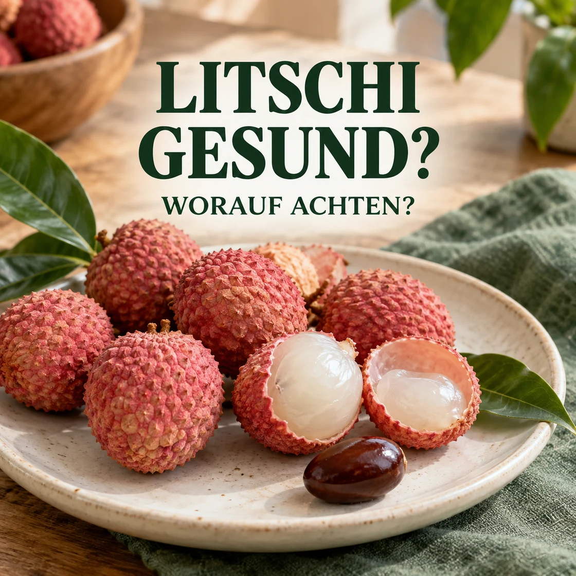 Reife Früchte und weißes Fruchtfleisch mit dem Schriftzug LITSCHI GESUND? WORAUF ACHTEN?