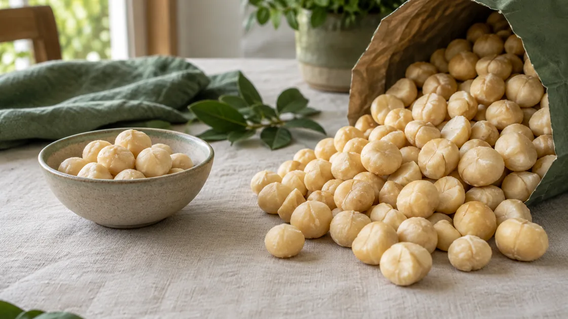 Macadamia gesund: kleine Portion neben einer großen Menge Kerne