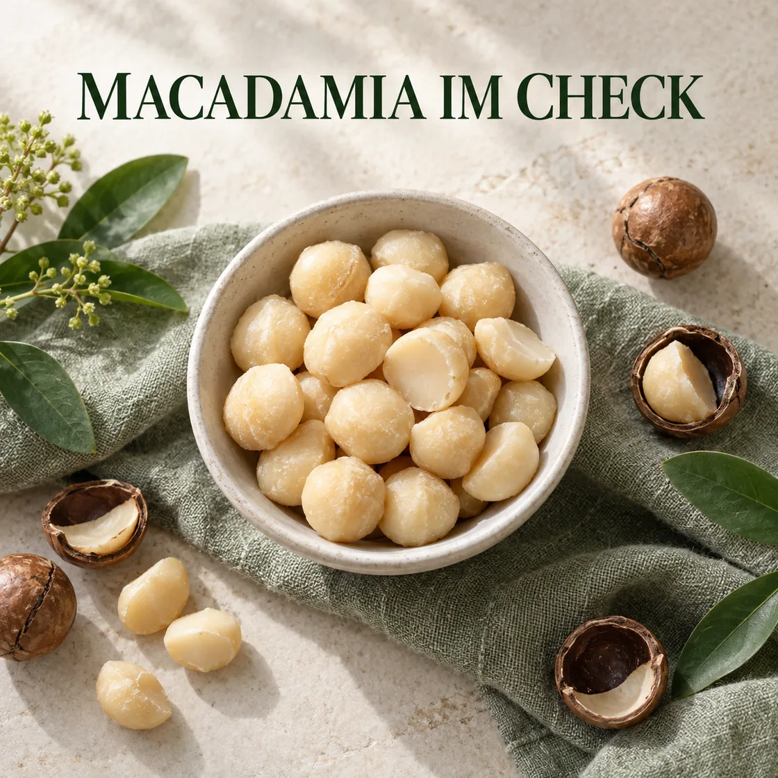 Macadamia gesund: Schale mit Kernen und dem Titel Macadamia im Check