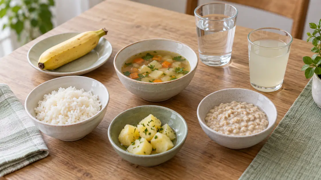 Magen Darm Grippe Hausmittel – kleine Portionen Reis, Kartoffeln, Haferbrei, Banane, Suppe und Getränke.
