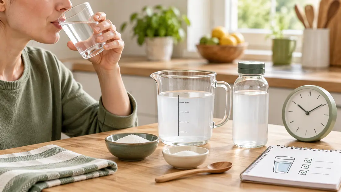 Magen Darm Grippe Hausmittel – erwachsene Person trinkt kleine Schlucke neben Wasser und Elektrolytlösung.