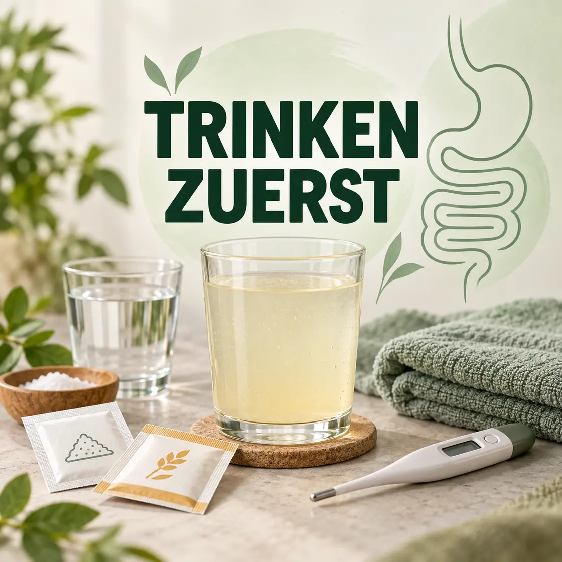 Magen Darm Grippe Hausmittel – Elektrolytlösung, Wasser und der Hinweis Trinken zuerst.