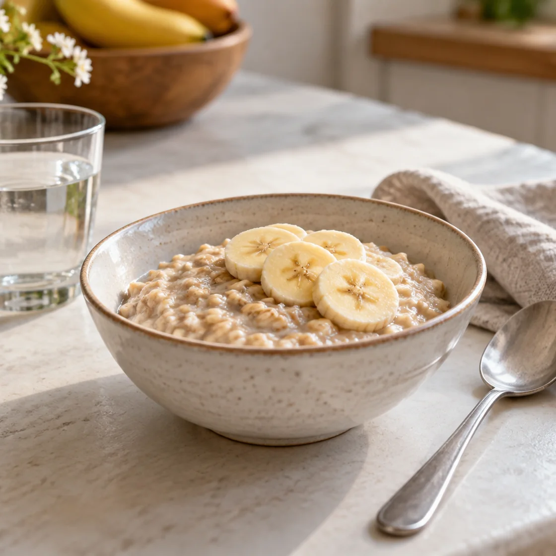 magenschleimhautentzündung ernährung – kleine Schale Haferbrei mit Banane und Wasser