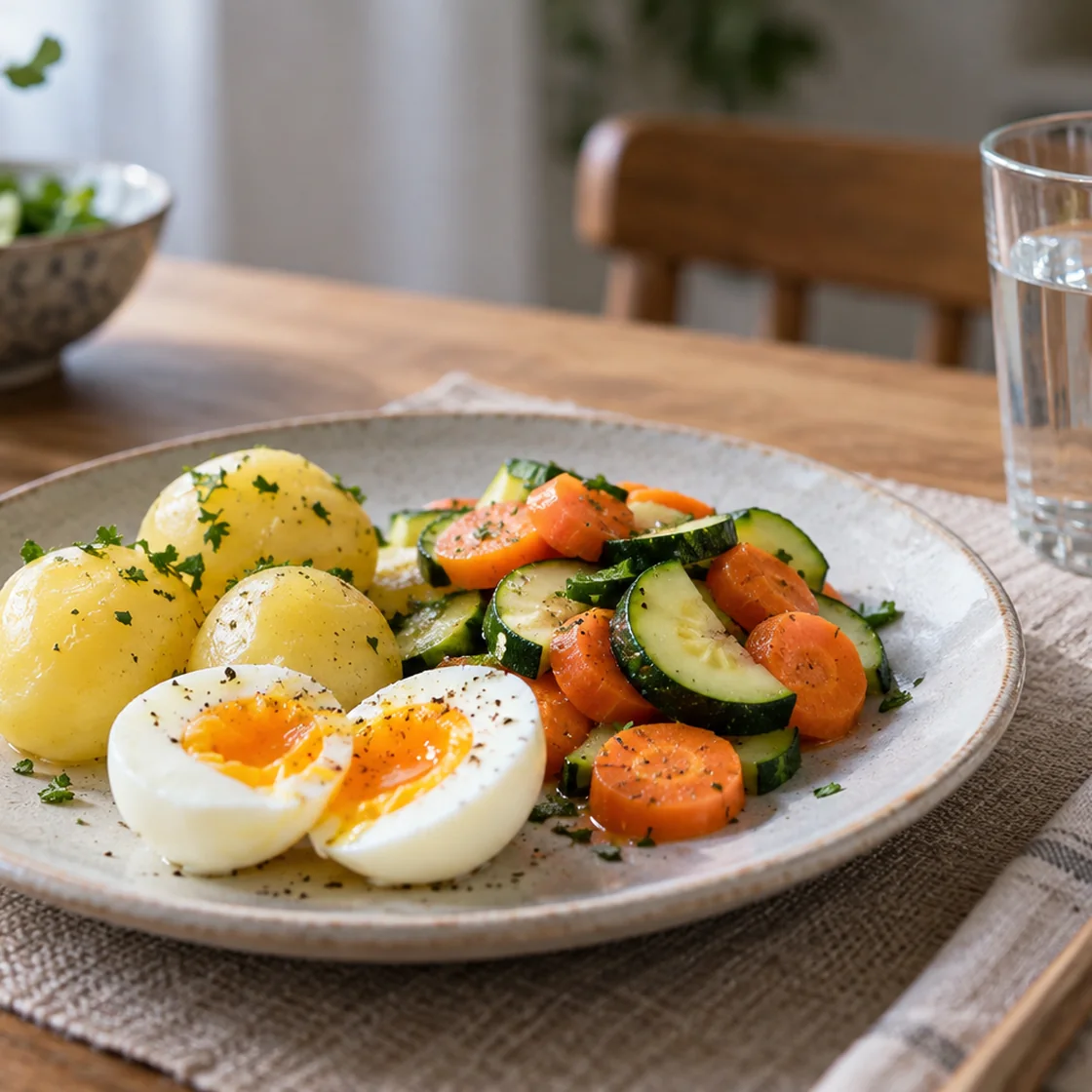 magenschleimhautentzündung ernährung – Kartoffeln, gegartes Gemüse und Ei als kleine Mahlzeit