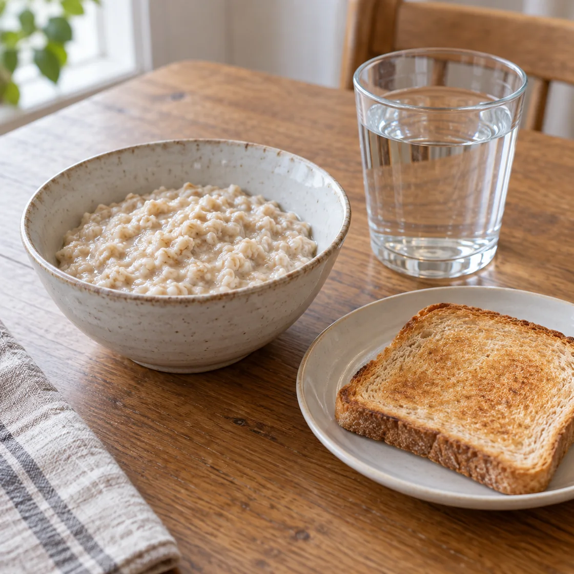 magenschmerzen hausmittel – kleine Portion Haferbrei, Toast und stilles Wasser