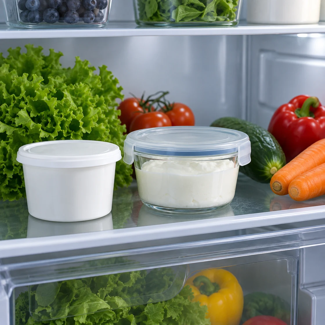 magerquark gesund: geschlossener Quarkbecher und abgedeckter Glasbehälter auf einem Kühlschrankfach