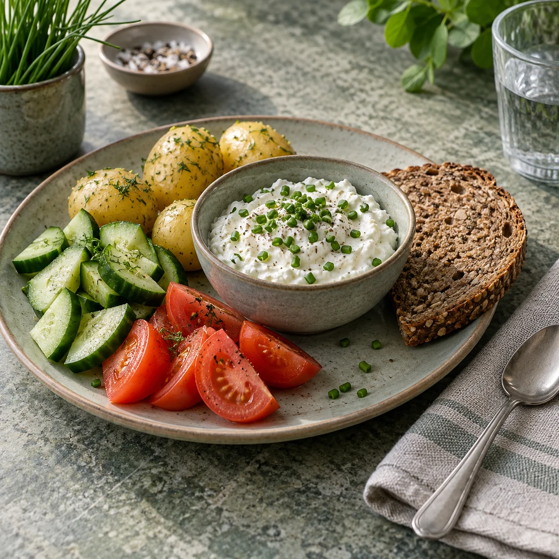 magerquark gesund: Kräuterquark mit Kartoffeln, Gurken, Tomaten und Vollkornbrot