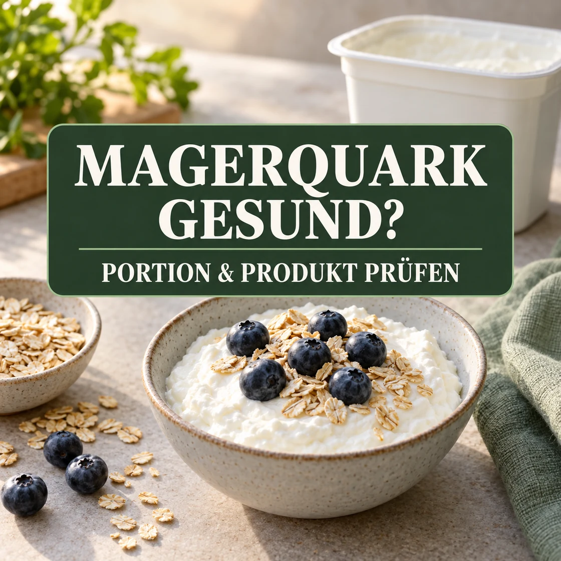 Quark mit Heidelbeeren und Haferflocken unter dem Schriftzug MAGERQUARK GESUND? PORTION & PRODUKT PRÜFEN