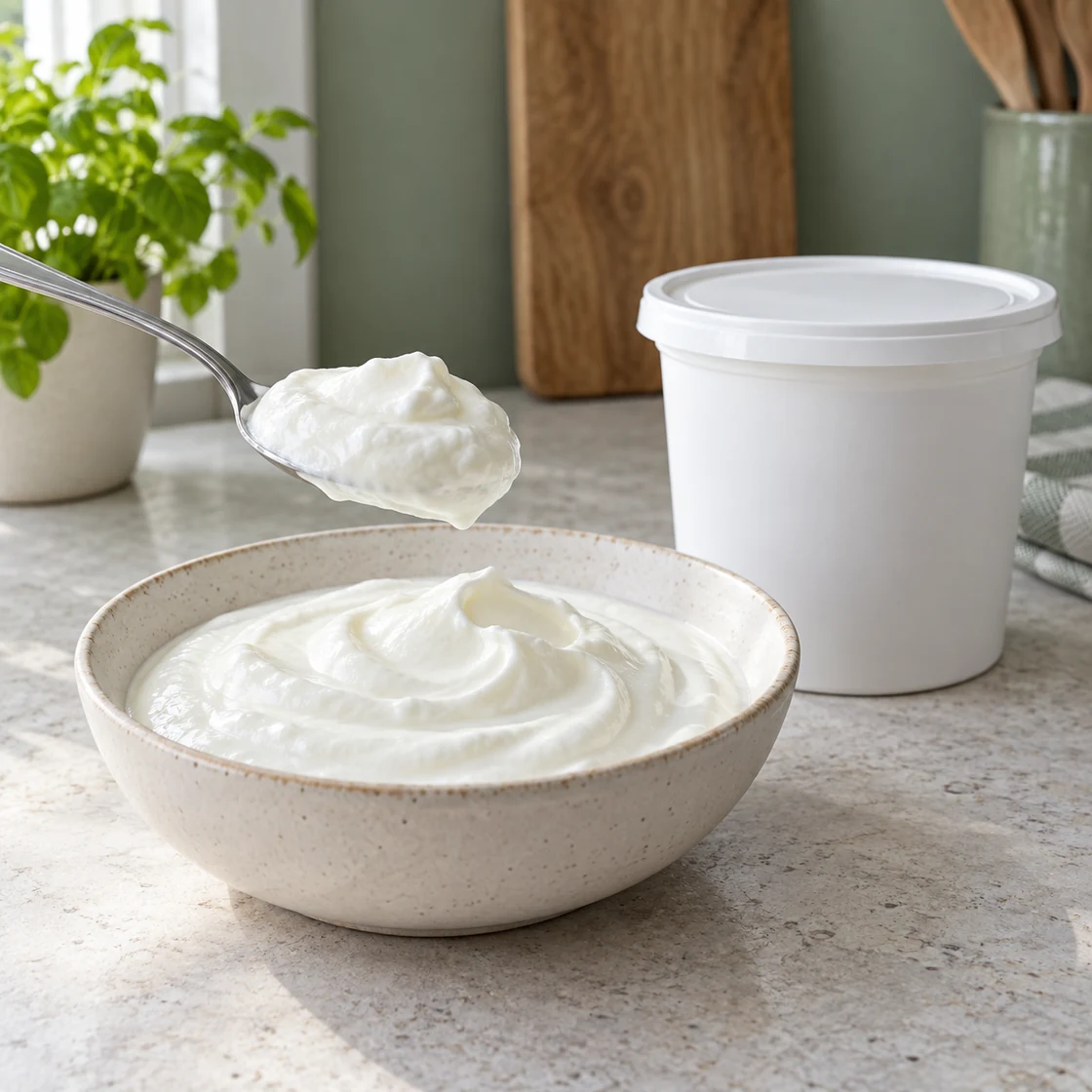 magerquark gesund: weißer Naturquark in einer Schüssel und eine kleine Portion auf einem Löffel