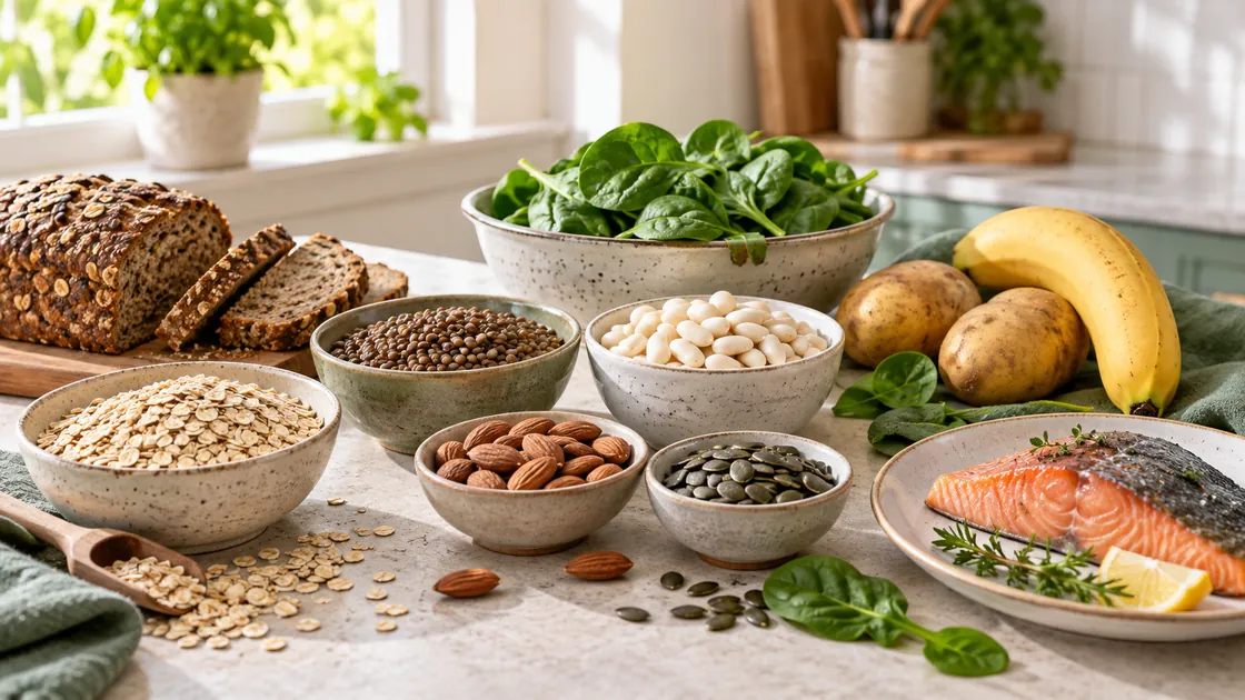 Blutdruck schnell senken mit Magnesium – Vollkorn, Hülsenfrüchte, Nüsse, Samen, Gemüse und Fisch als Quellen.