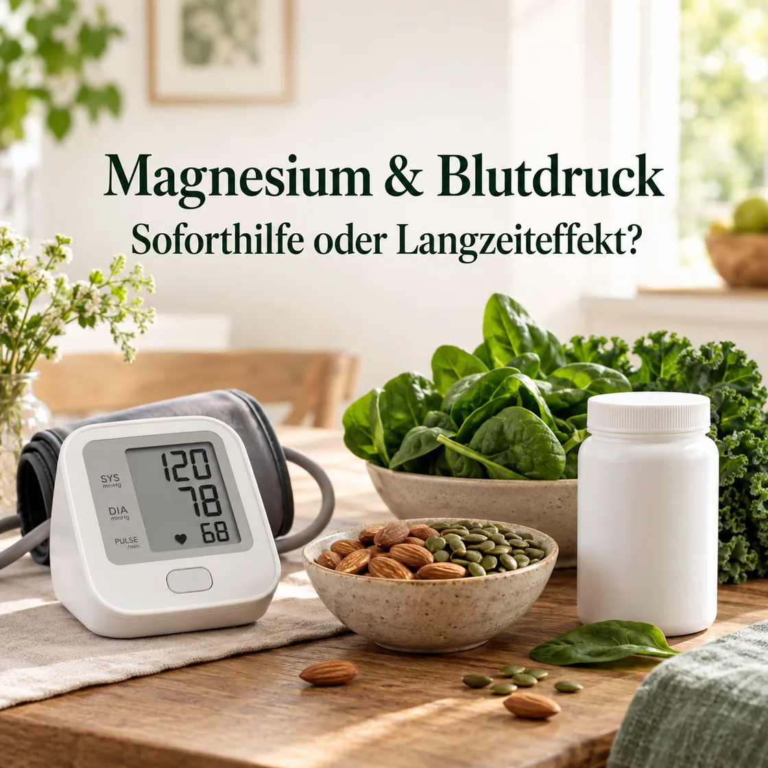 Blutdruck schnell senken mit Magnesium – Messgerät, Lebensmittel und Präparat im sachlichen Überblick.
