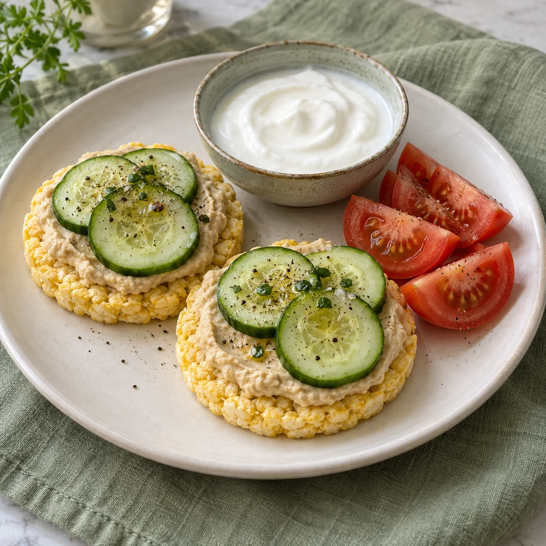 maiswaffeln gesund: zwei mit Hummus und Gurke belegte Maiswaffeln mit Tomate und Naturjoghurt