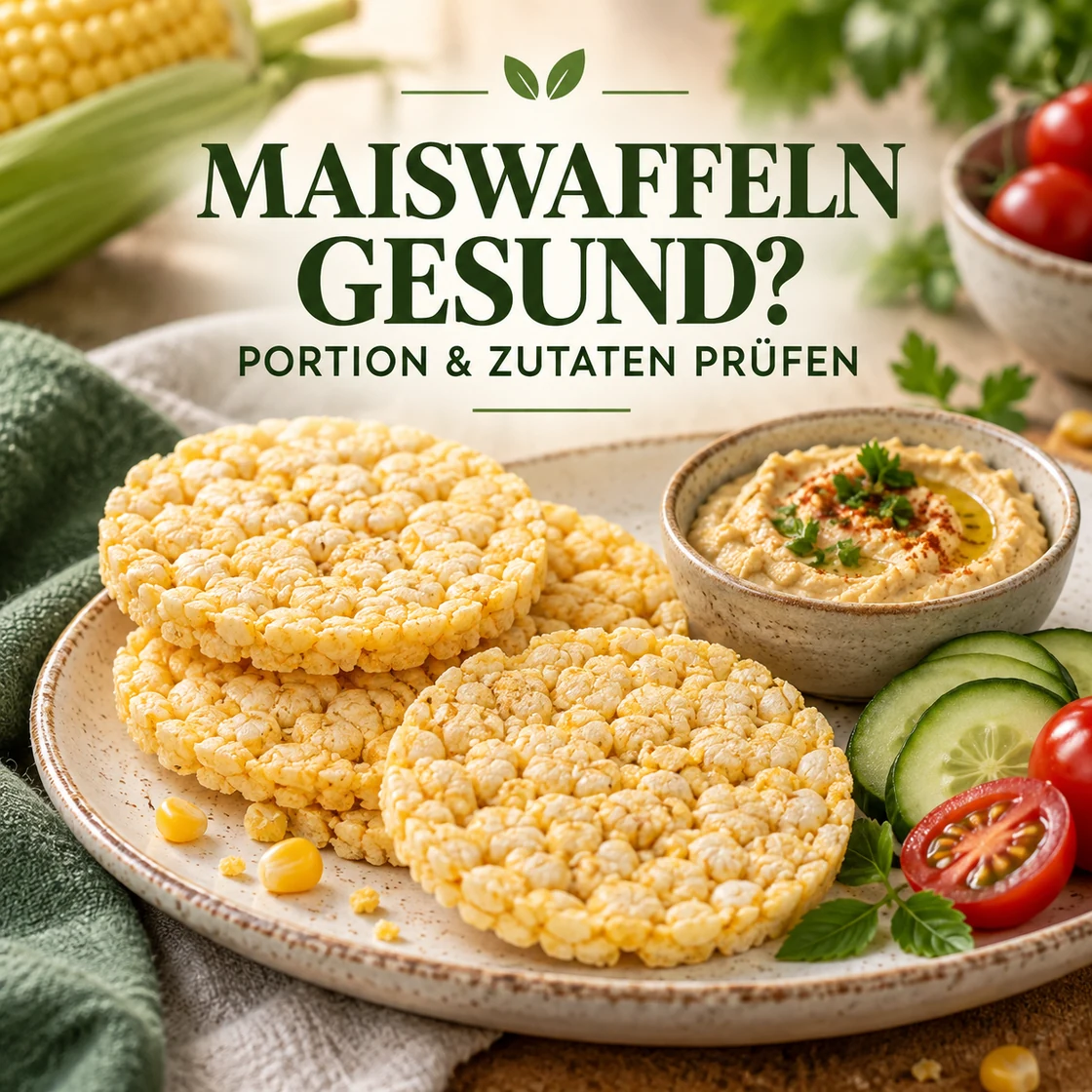gelbe gepuffte Maiswaffeln mit Hummus, Gurke und Tomate unter dem Schriftzug MAISWAFFELN GESUND? PORTION & ZUTATEN PRÜFEN