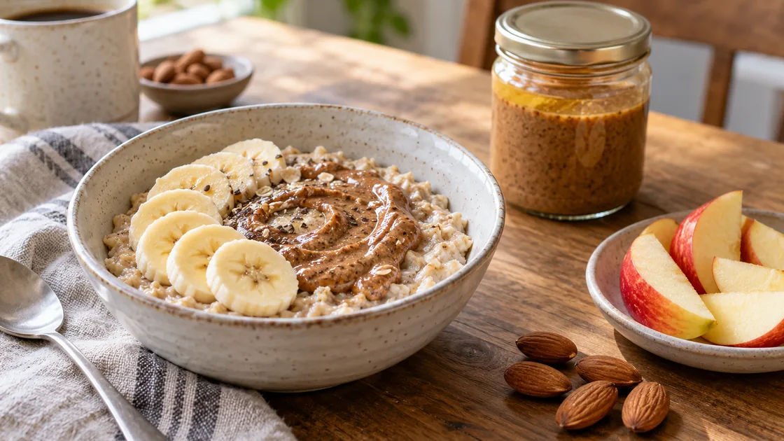 mandelmus gesund – Mandelmus im Haferbrei mit Banane, Apfel und sauber verschlossenem Glas