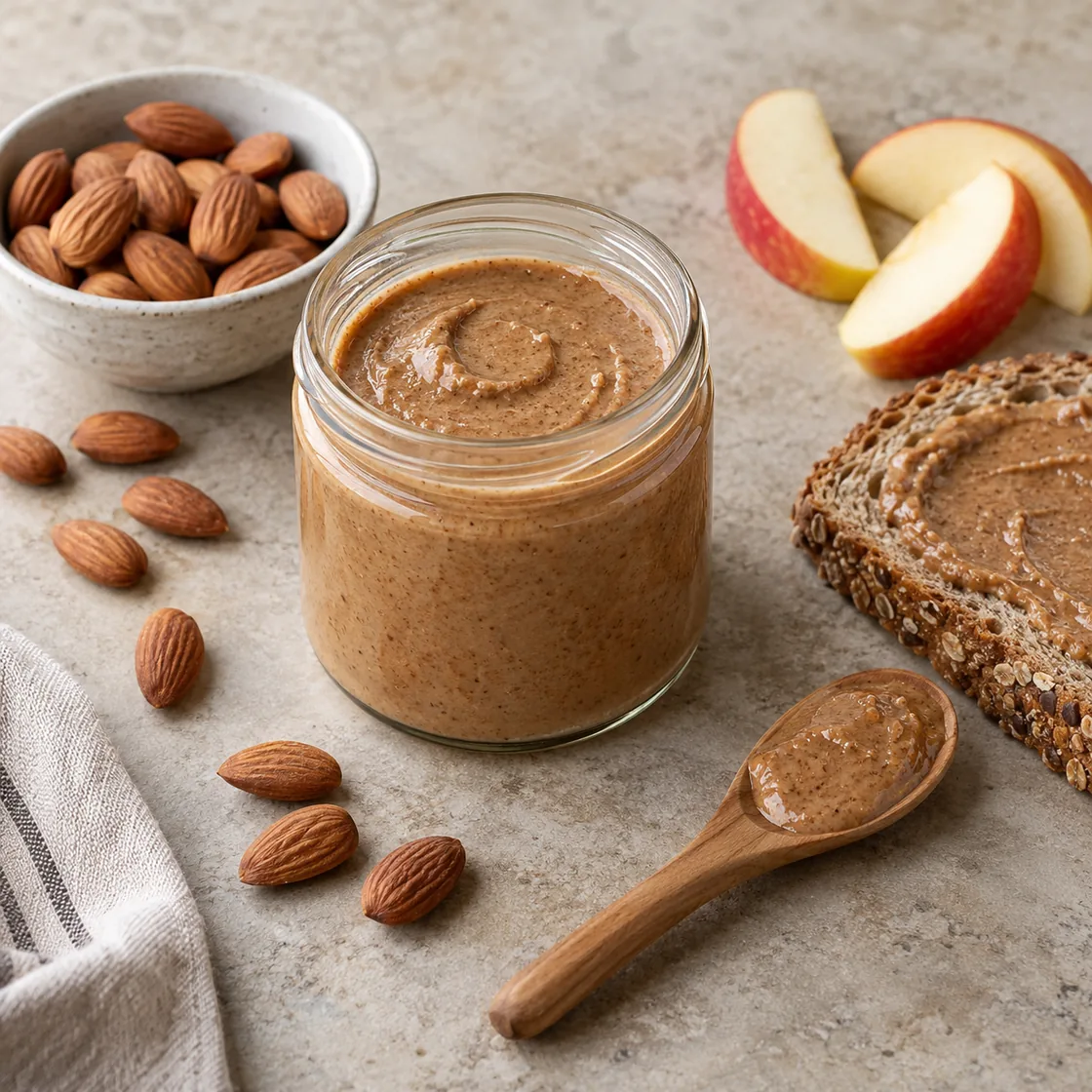 mandelmus gesund – Glas mit braunem Mandelmus, Mandeln, Apfel und Vollkornbrot