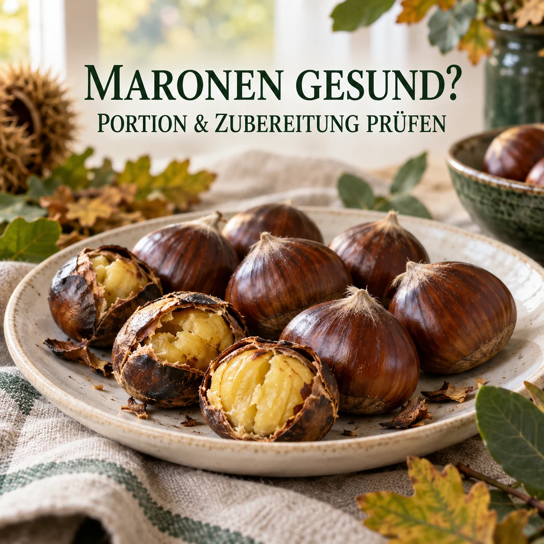 geröstete Esskastanien mit gelbem Fruchtfleisch unter dem Schriftzug MARONEN GESUND? PORTION & ZUBEREITUNG PRÜFEN