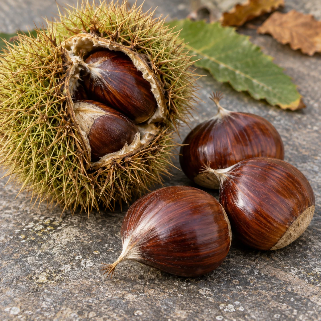 maronen gesund: spitze glänzende Esskastanien neben einer geöffneten dicht bestachelten Fruchthülle
