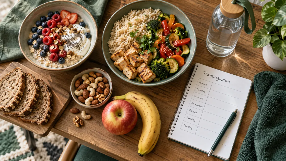 Massephase Ernährungsplan – Trainingstag mit Hafer, Reis, Gemüse, Proteinquellen, Obst, Nüssen und Wasser vorbereiten.