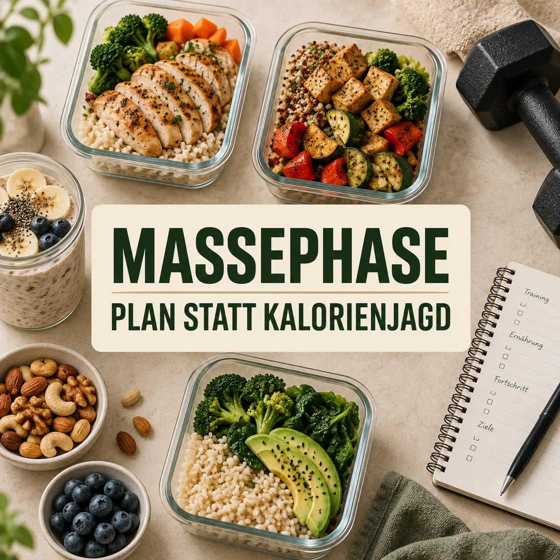 Massephase Ernährungsplan – ausgewogene Mahlzeiten, Trainingsnotiz und Hantel für einen kontrollierten Aufbau.