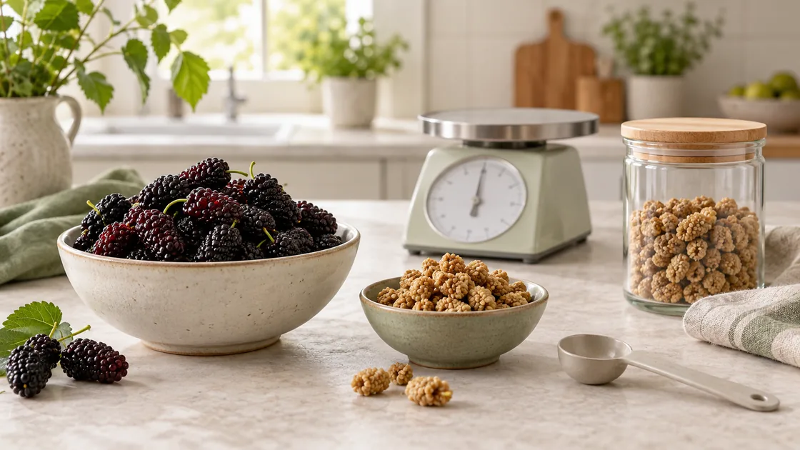 maulbeeren gesund – frische und getrocknete Maulbeeren im direkten Portionsvergleich