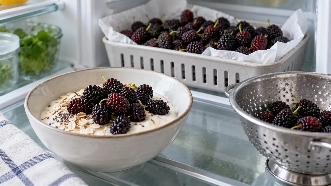 maulbeeren gesund – Maulbeeren in Schale, Gefrierbehälter und Vorratsglas für Einkauf und Lagerung