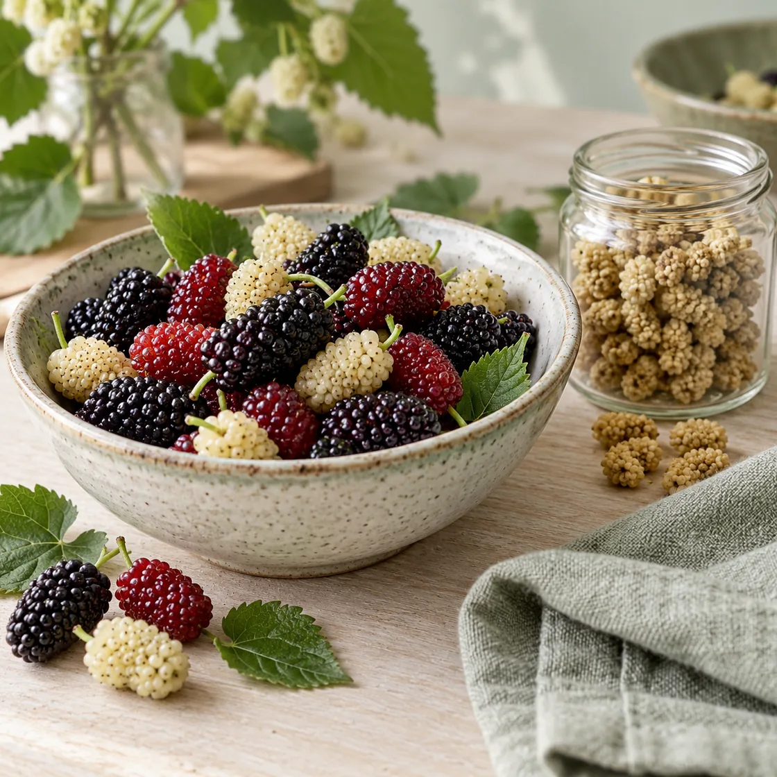 maulbeeren gesund – frische schwarze, rote und weiße Maulbeeren neben einer kleinen Portion getrockneter Früchte