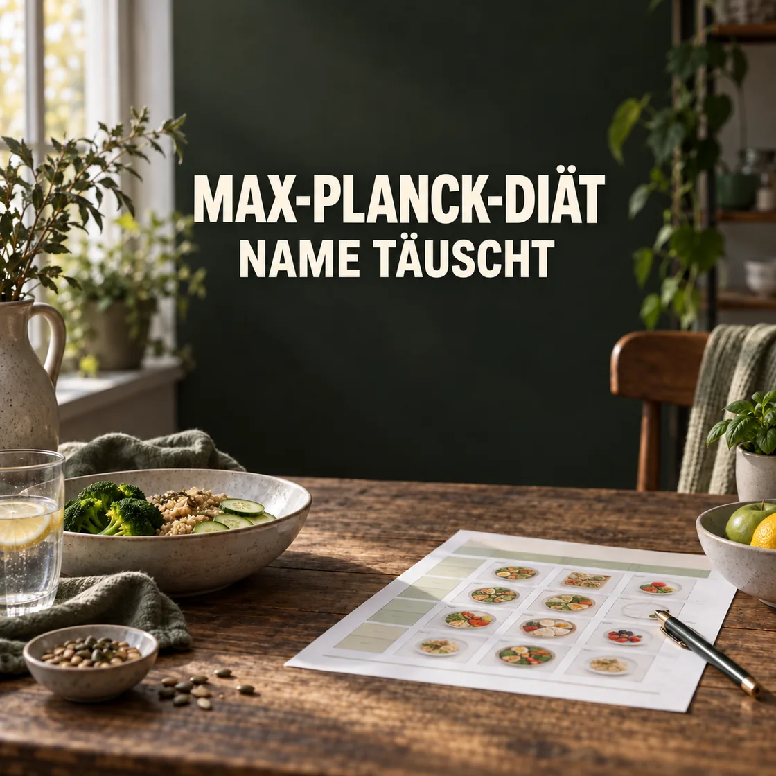 max planck diät – Mahlzeitenplan auf Holztisch, Titel Name täuscht