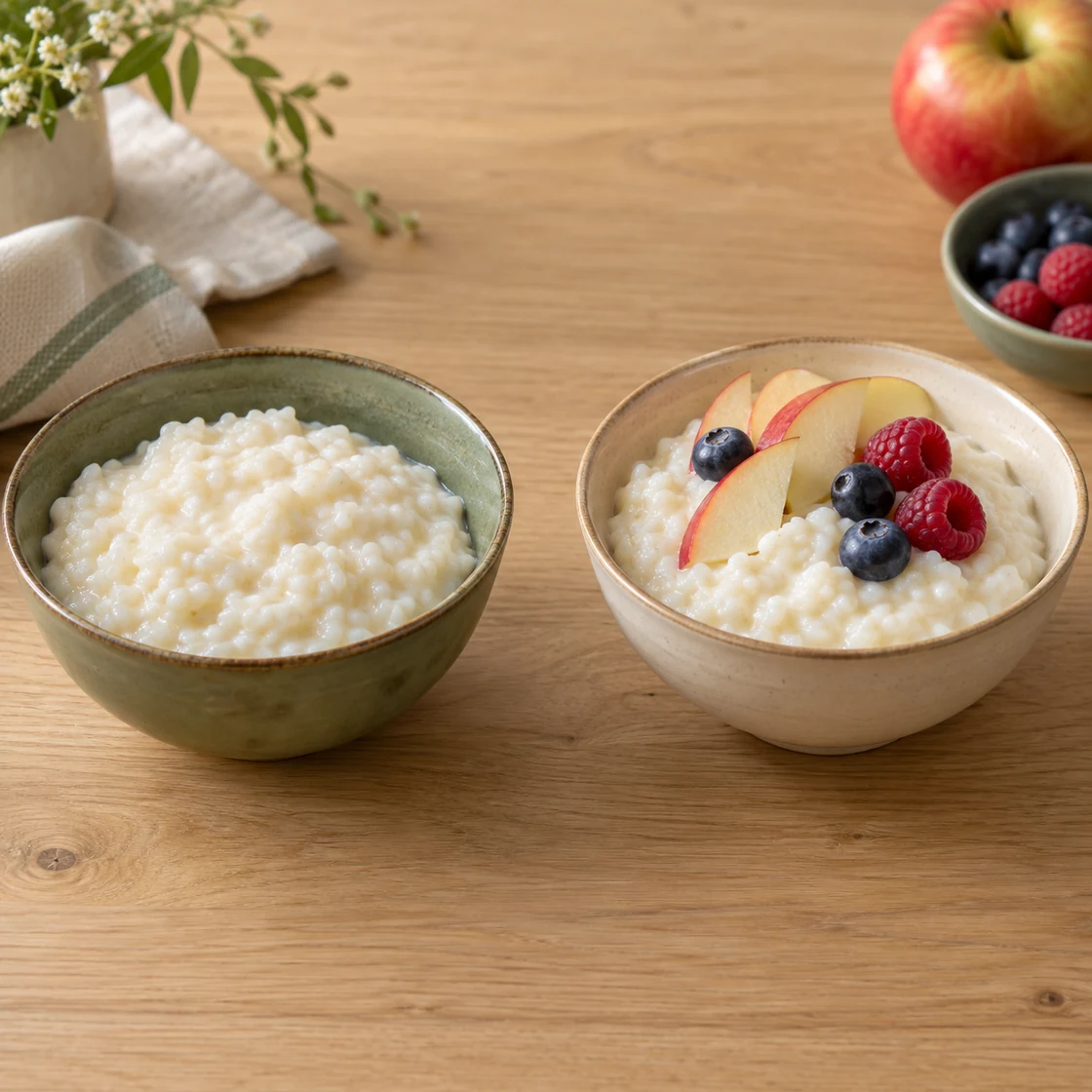 milchreis gesund: zwei Schalen gekochter Reisbrei, eine pur und eine mit Apfel und Beeren