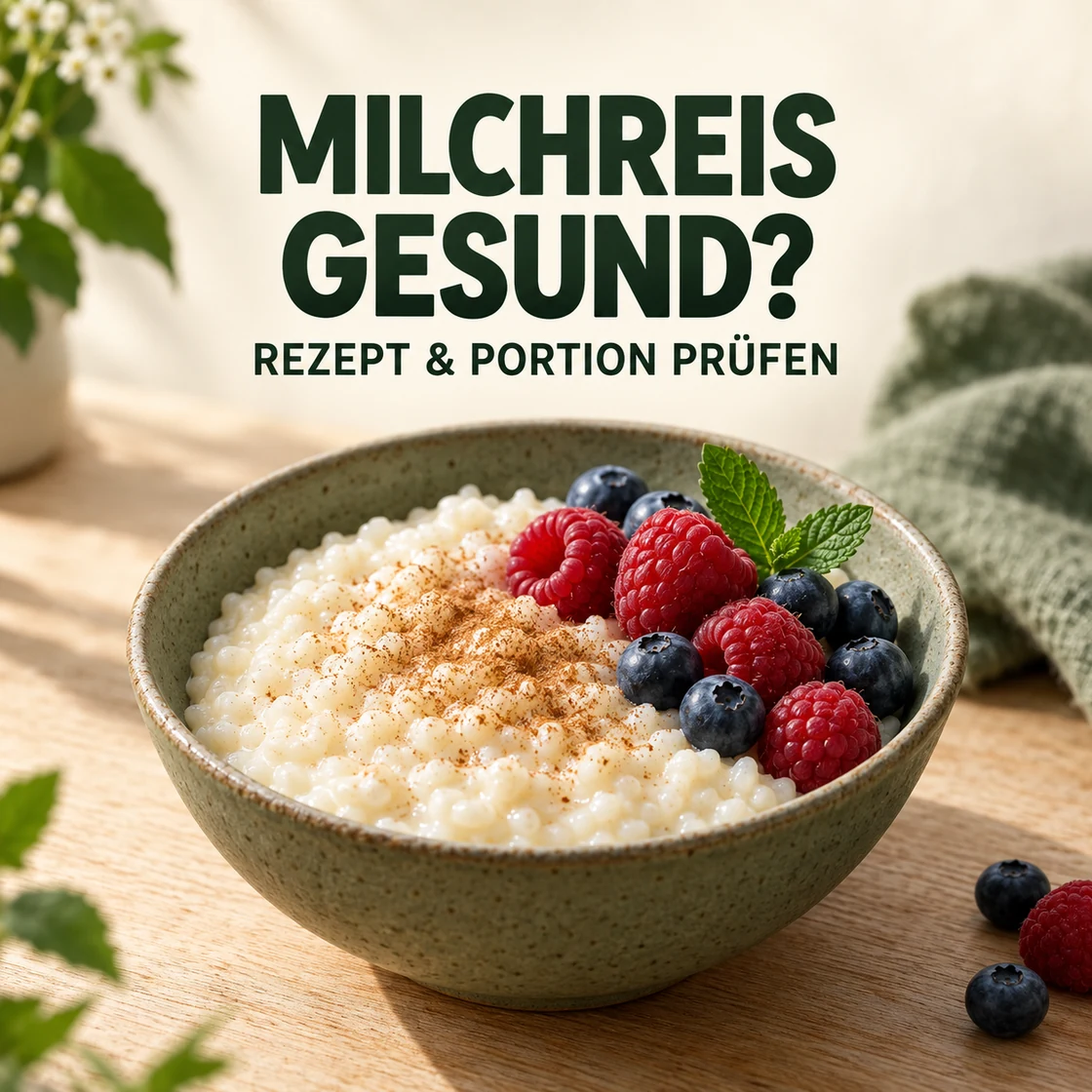 cremiger Reisbrei mit Beeren unter dem Schriftzug MILCHREIS GESUND? REZEPT & PORTION PRÜFEN