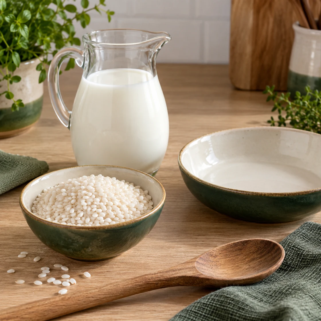 milchreis gesund: trockener Rundkornreis in einer Schale neben einem Glaskrug Milch