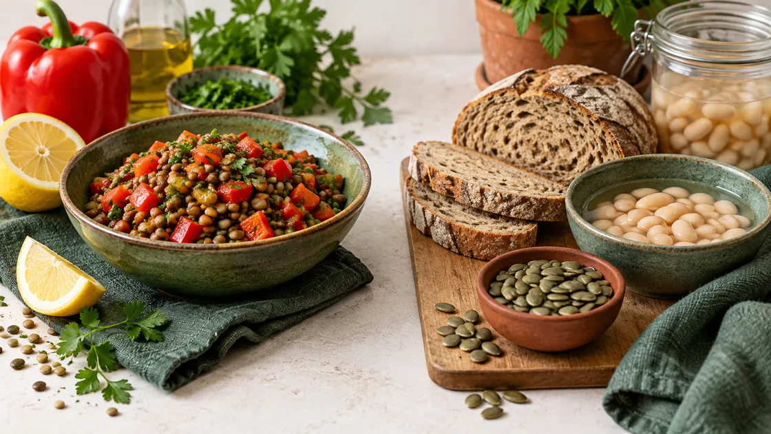 Mineralstoffe Lebensmittel – Linsen mit Vitamin-C-reicher Paprika sowie Sauerteigbrot und eingeweichte Bohnen.