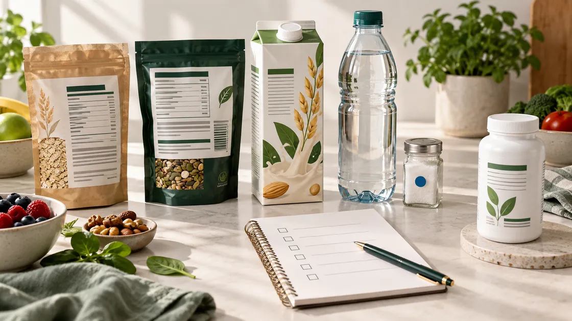 Mineralstoffe Lebensmittel – abstrakte Etiketten, angereicherter Pflanzendrink, Mineralwasser, Jodsalz und getrenntes Präparat.