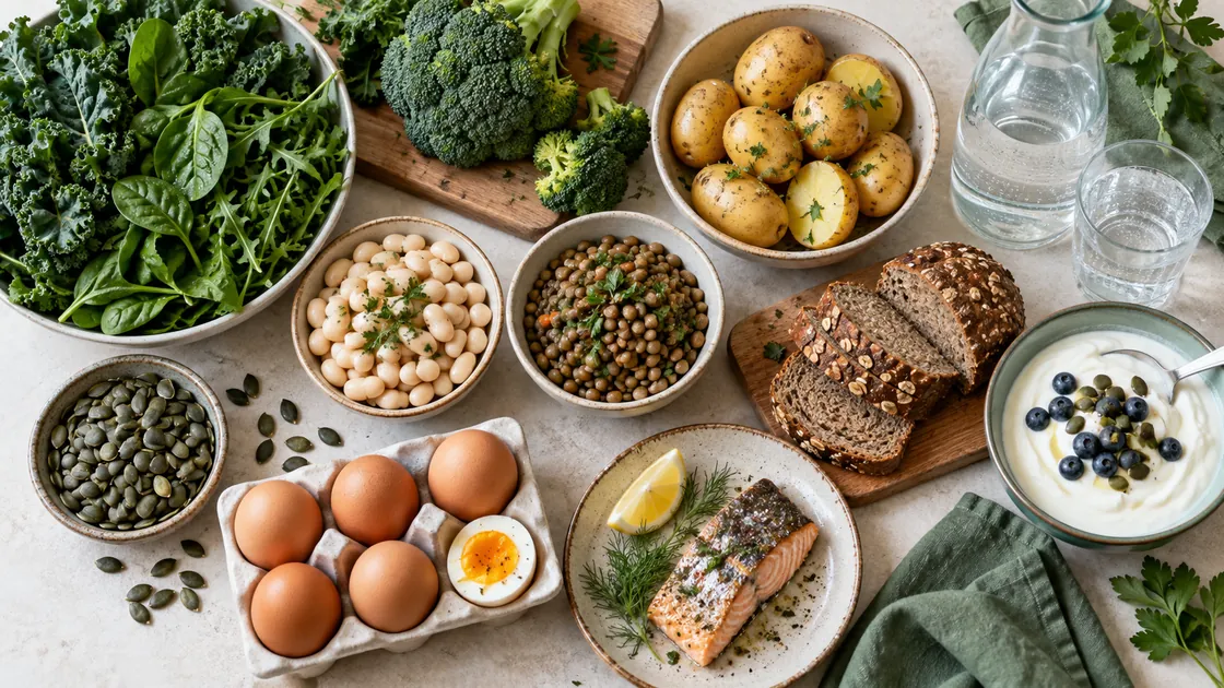 Mineralstoffe Lebensmittel – Gemüse, Hülsenfrüchte, Vollkorn, Milchprodukt, Fisch und Samen als praktische Quellen.