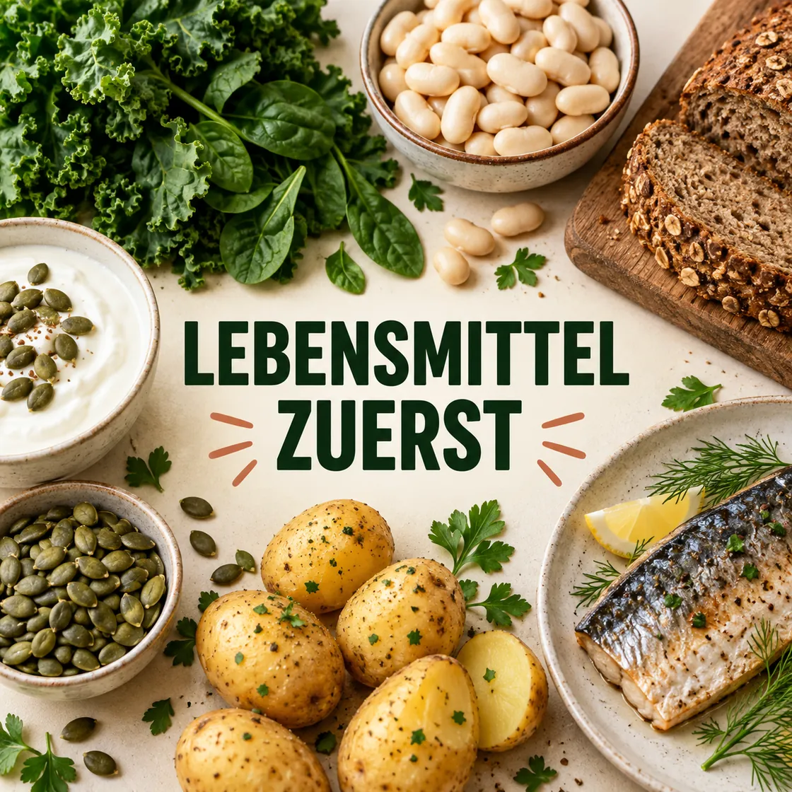 Mineralstoffe Lebensmittel – vielfältige Lebensmittel mit dem Hinweis Lebensmittel zuerst.
