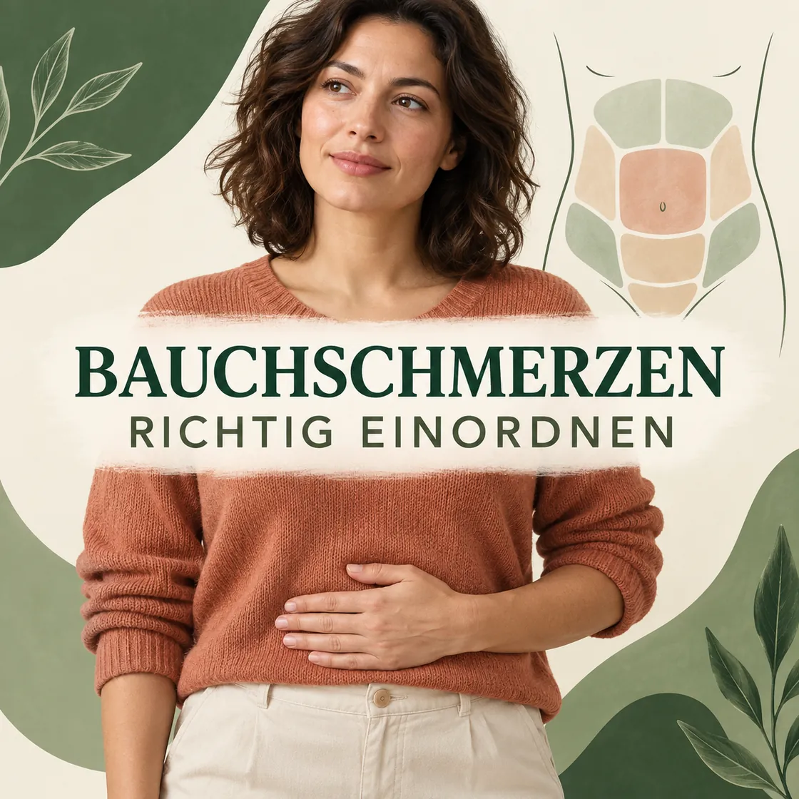 Mittel gegen Bauchschmerzen – Person mit markierten Bauchzonen und dem Hinweis Bauchschmerzen richtig einordnen.