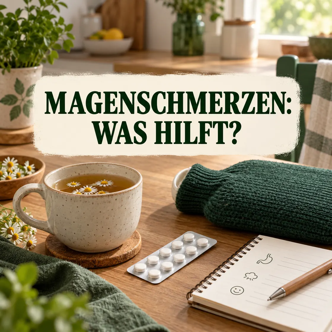 Mittel gegen Magenschmerzen – Kamillentee, Wärmflasche, Tabletten und Notizbuch mit zentraler Überschrift.