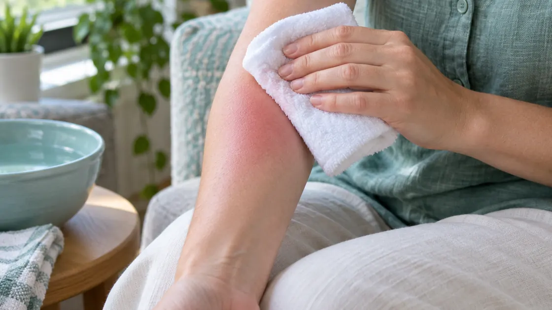 Mittel gegen Sonnenbrand – ein geröteter Unterarm wird vorsichtig mit einem sauberen feuchten Tuch gekühlt.