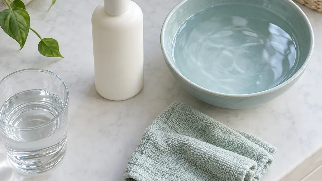 Mittel gegen Sonnenbrand – unparfümierte Lotion, Wasser und ein sauberes Tuch für die sanfte Hautpflege.
