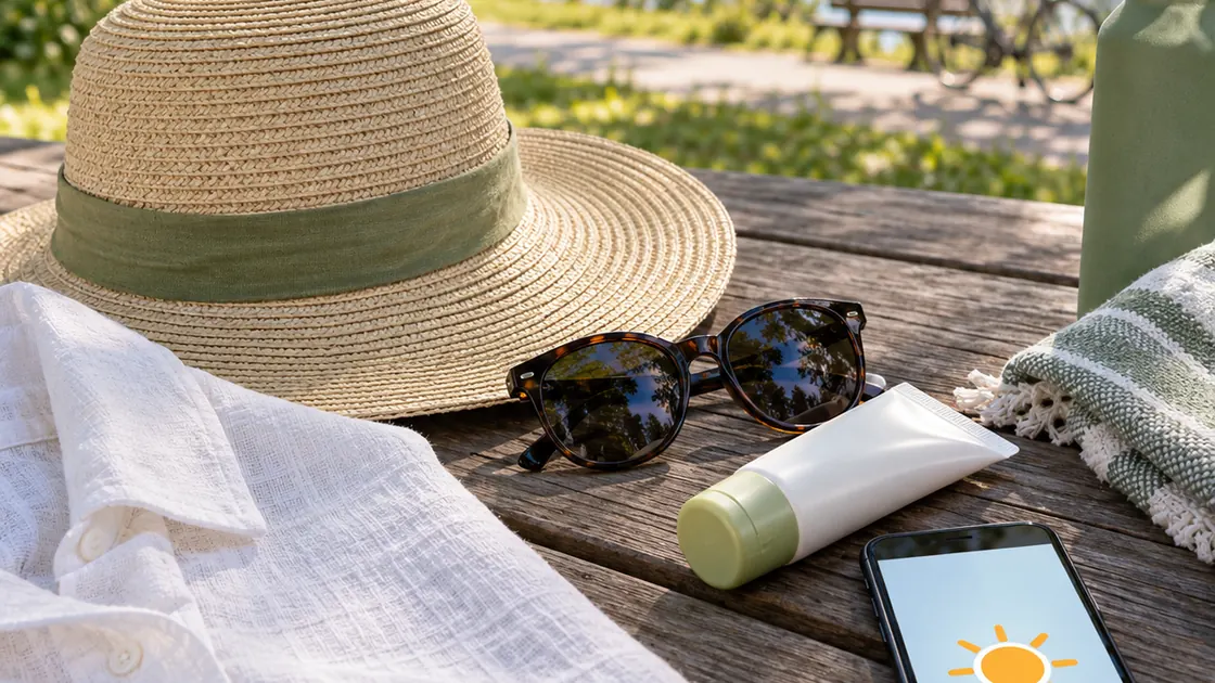 Mittel gegen Sonnenbrand – Sonnenhut, Kleidung, Sonnenbrille und Sonnenschutzmittel liegen im Schatten bereit.