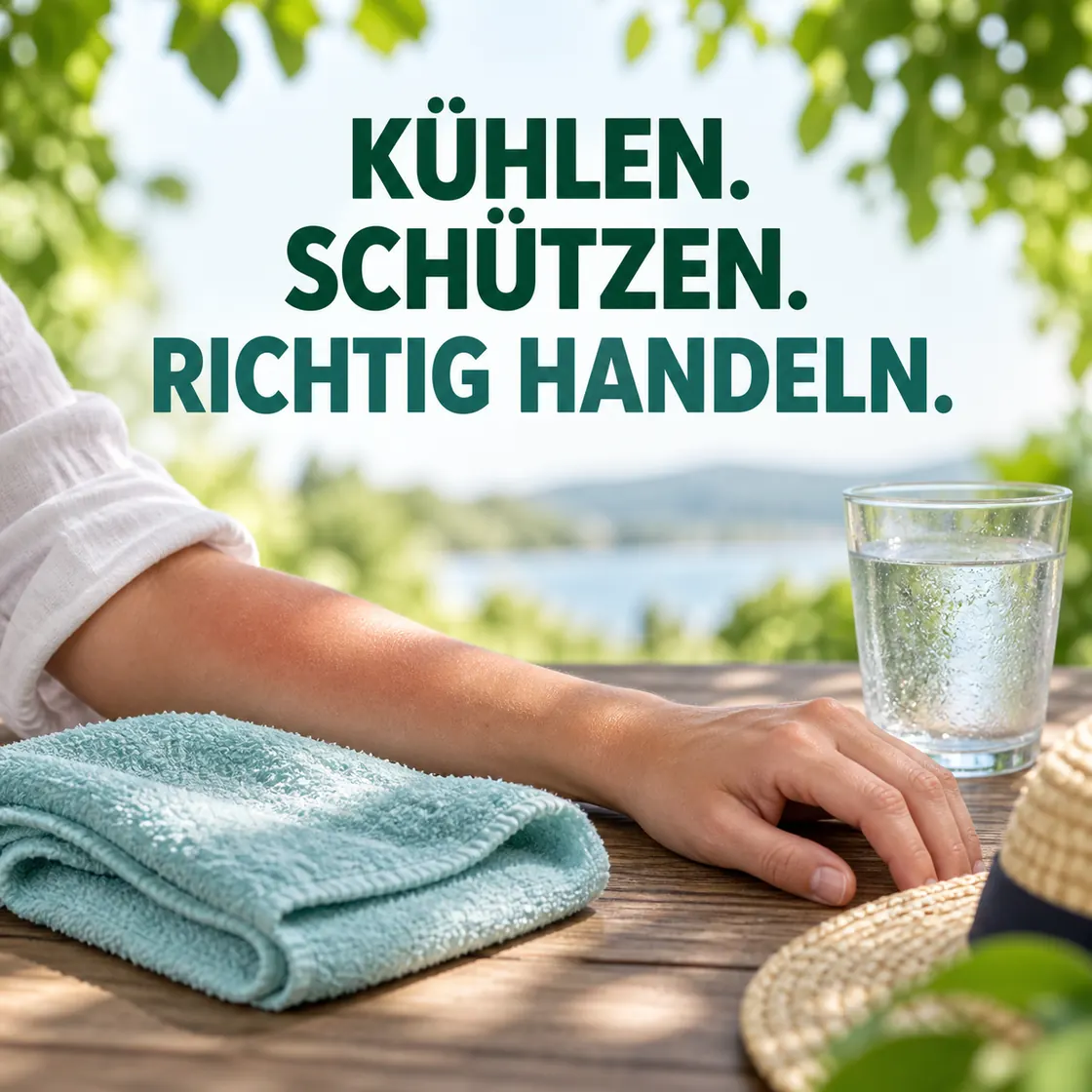 Mittel gegen Sonnenbrand – geröteter Unterarm mit feuchtem Tuch und Wasser unter schattigen Blättern.