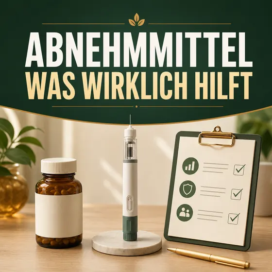 Mittel zum Abnehmen die wirklich helfen – neutrale Kapseln, Injektionspen und Prüfliste unter dem Hinweis, was wirklich hilft.