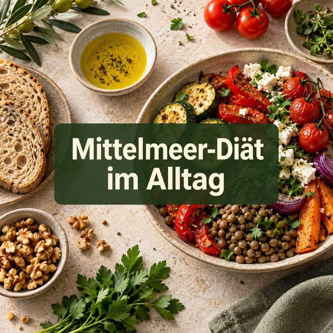 Mittelmeer Diät mit Gemüse, Linsen, Vollkornbrot und Olivenöl.
