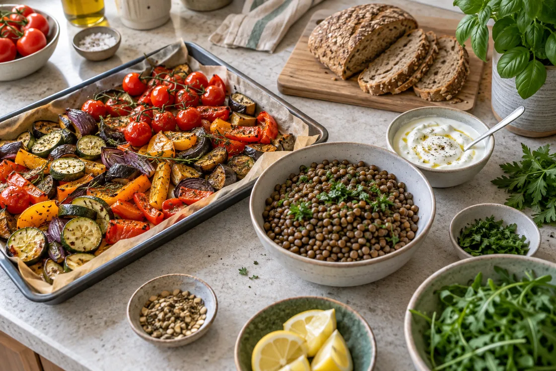 Mittelmeer Diät Wochenplan mit Ofengemüse, Linsen, Vollkornbrot und Naturjoghurt.