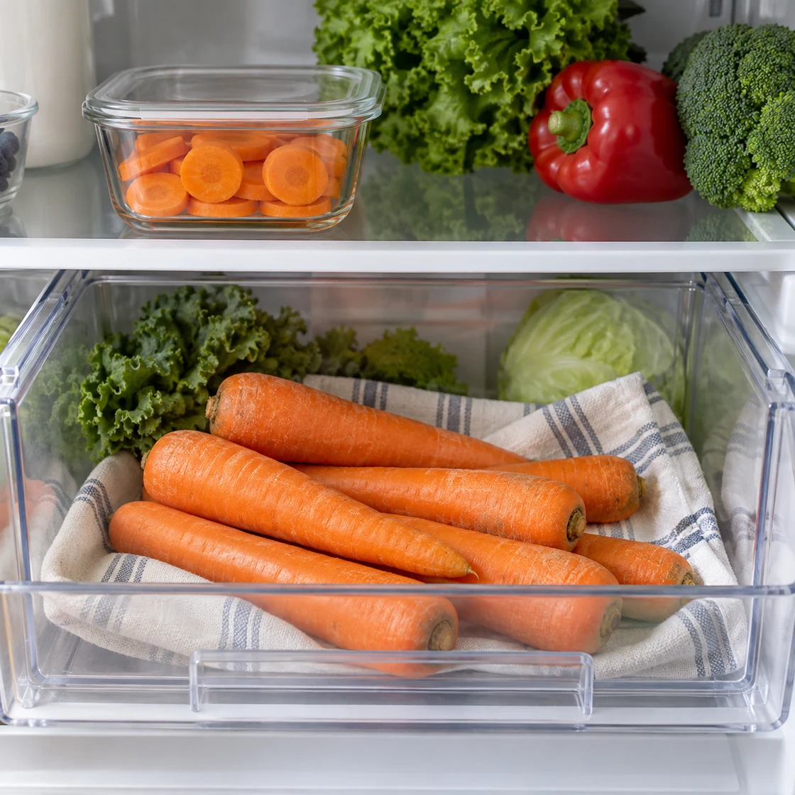 möhren gesund: ganze Karotten ohne Grün im Gemüsefach und gegarte Scheiben in einem verschlossenen Glasbehälter