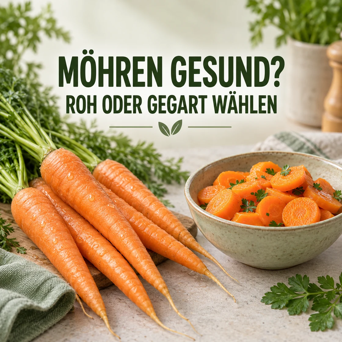 orange Möhren und gegarte Scheiben unter dem Schriftzug MÖHREN GESUND? ROH ODER GEGART WÄHLEN